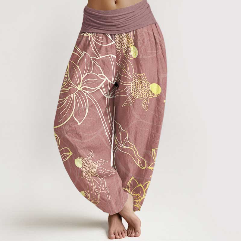 Pantalones Buddha Stones de algodón puro con diseño de hojas de loto y peces koi para mujer, con cintura elástica - Violeta pálido rojo - US22，UK/AU26，EU54 (6XL) - image 6