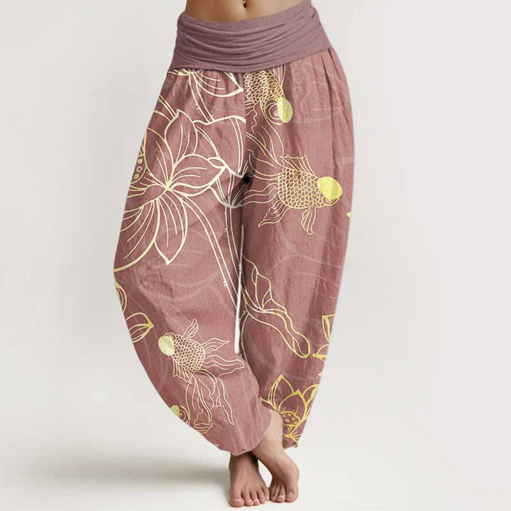 Pantalones Buddha Stones de algodón puro con diseño de hojas de loto y peces koi para mujer, con cintura elástica - Rojo violeta pálido - US22，UK/AU26，EU54 (6XL) - image 9