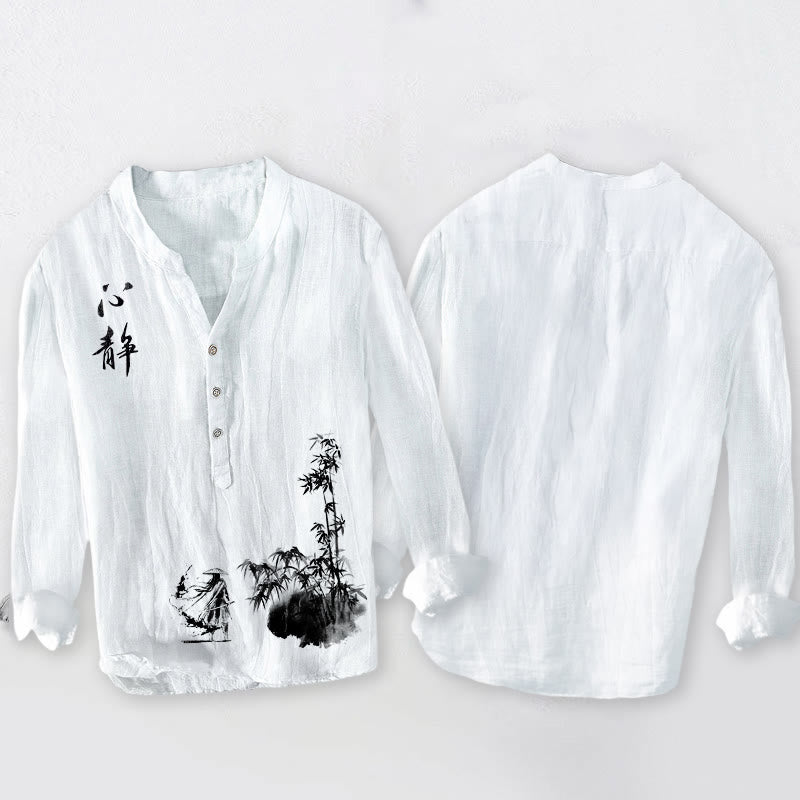 Camisa de manga larga de algodón y lino para hombre, con diseño de espadachín, caracteres chinos de bambú y Buddha Stones, con botones y medio botón. - image 8