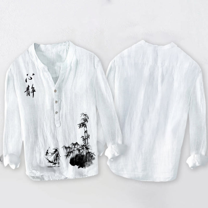 Camisa de manga larga de algodón y lino para hombre, con diseño de espadachín, caracteres chinos de bambú y Buddha Stones, con botones y medio botón. - image 8