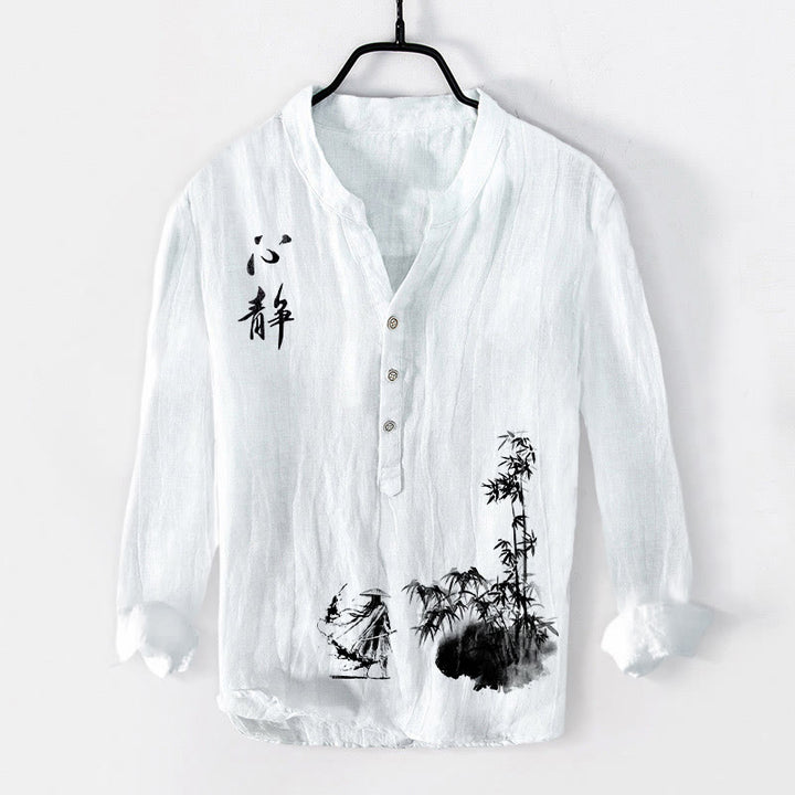 Camisa de manga larga de algodón y lino para hombre, con diseño de espadachín, caracteres chinos de bambú y Buddha Stones, con botones y medio botón. - Blanco - US/UK/AU50, EU60 (5XL) - image 6