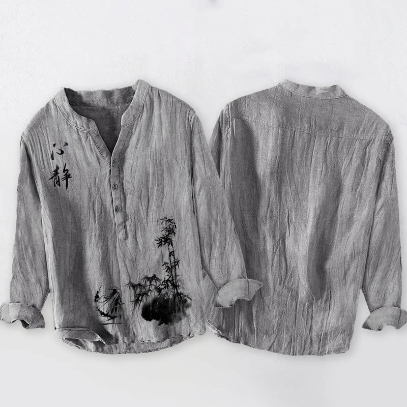 Camisa de manga larga de algodón y lino para hombre, con diseño de espadachín, caracteres chinos de bambú y Buddha Stones, con botones y medio botón. - image 5