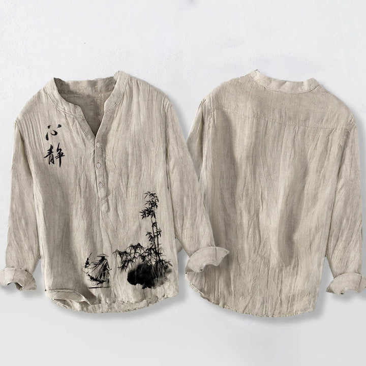 Camisa de manga larga de algodón y lino para hombre, con diseño de espadachín, caracteres chinos de bambú y Buddha Stones, con botones y medio botón. - image 2