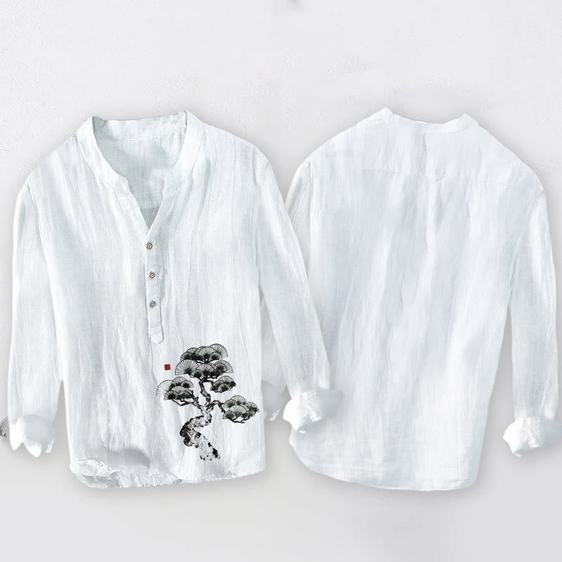 Camisa de manga larga para hombre, de algodón y lino, con estampado de pinos y Buddha Stones. - image 8