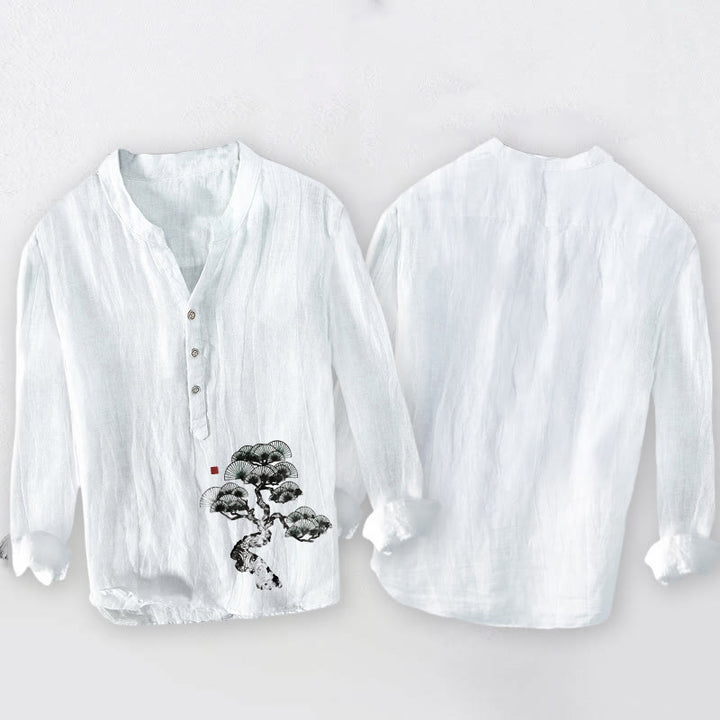 Camisa de manga larga para hombre, de algodón y lino, con estampado de pinos y Buddha Stones. - image 8