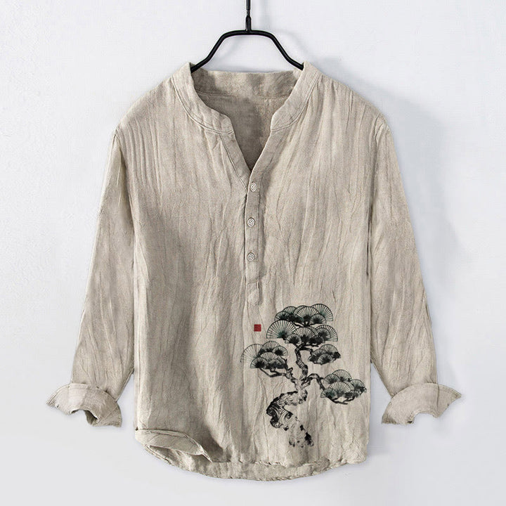 Camisa de manga larga para hombre, de algodón y lino, con estampado de pinos y Buddha Stones. - Lino - US/UK/AU50, EU60 (5XL) - image 0