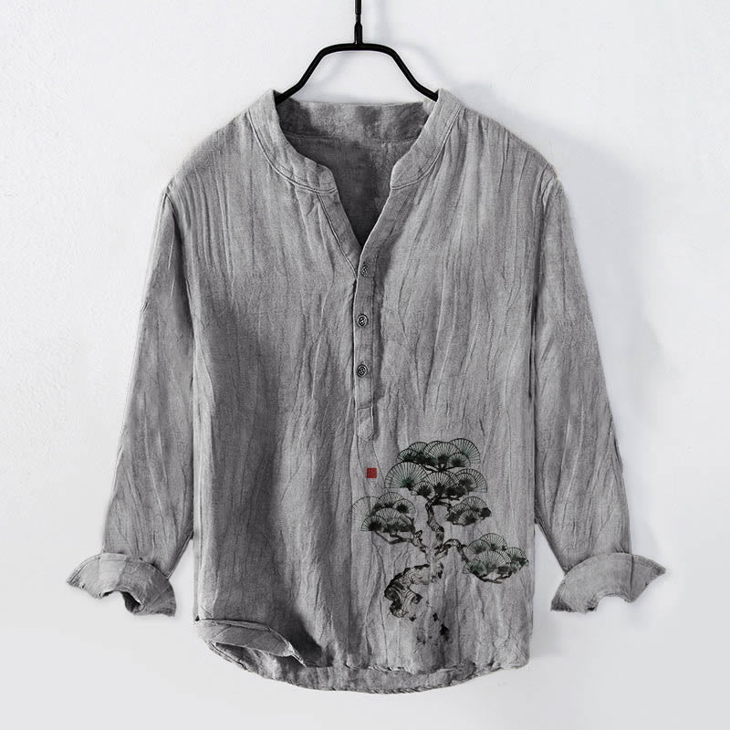 Camisa de manga larga para hombre, de algodón y lino, con estampado de pinos y Buddha Stones. - Gris - US/UK/AU50, EU60 (5XL) - image 3