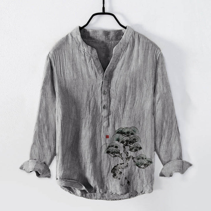 Camisa de manga larga para hombre, de algodón y lino, con estampado de pinos y Buddha Stones. - Gris - US/UK/AU50, EU60 (5XL) - image 3