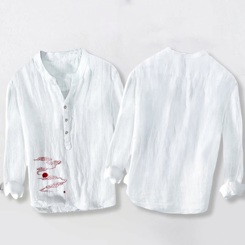 Camisa de manga larga para hombre, de algodón y lino, con estampado de Buddha Stones, nubes auspiciosas y sol rojo, y botones a la mitad. - image 5