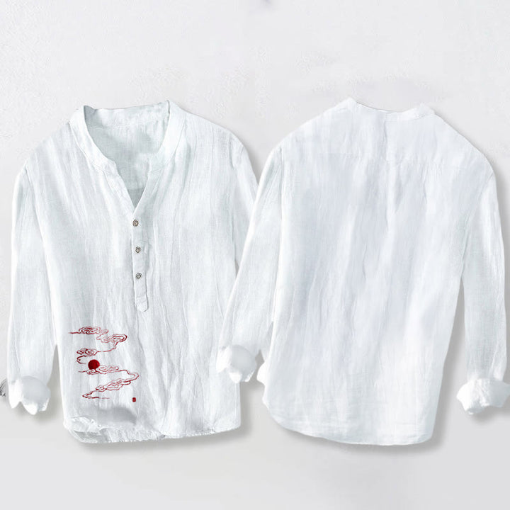 Camisa de manga larga para hombre, de algodón y lino, con estampado de Buddha Stones, nubes auspiciosas y sol rojo, y botones a la mitad. - image 5