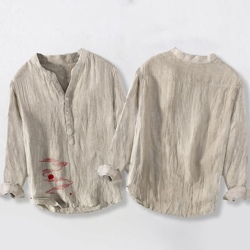 Camisa de manga larga para hombre, de algodón y lino, con estampado de Buddha Stones, nubes auspiciosas y sol rojo, y botones a la mitad. - image 8