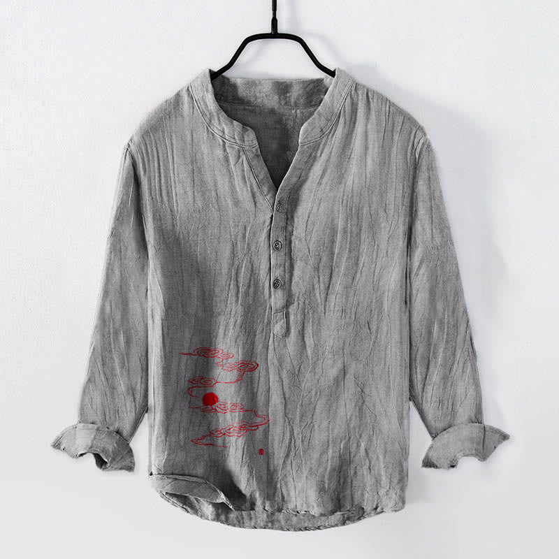 Camisa de manga larga para hombre, de algodón y lino, con estampado de Buddha Stones, nubes auspiciosas y sol rojo, y botones a la mitad. - Gris - US/UK/AU50, EU60 (5XL) - image 0