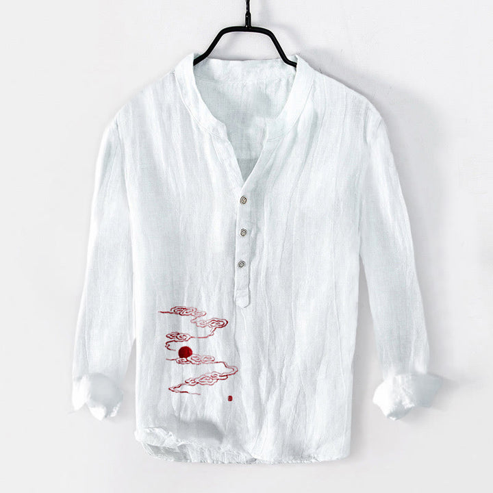 Camisa de manga larga para hombre, de algodón y lino, con estampado de Buddha Stones, nubes auspiciosas y sol rojo, y botones a la mitad. - Blanco - US/UK/AU50, EU60 (5XL) - image 3