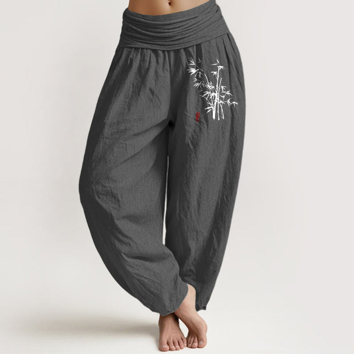 Buddha Stones Pantalones harén de algodón con cintura elástica y estampado de hojas de bambú para mujer - Gris oscuro - US16，UK/AU20，EU48 (3XL) - image 8