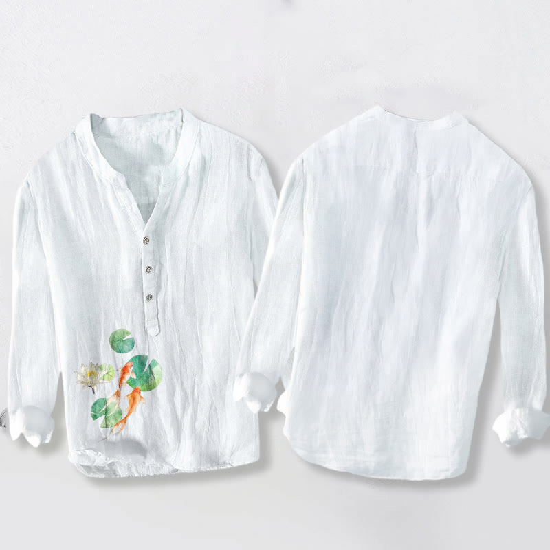 Camisa de manga larga de algodón y lino para hombre con estampado de hojas de loto, peces koi y Buddha Stones, con botones y medio cuello - image 2