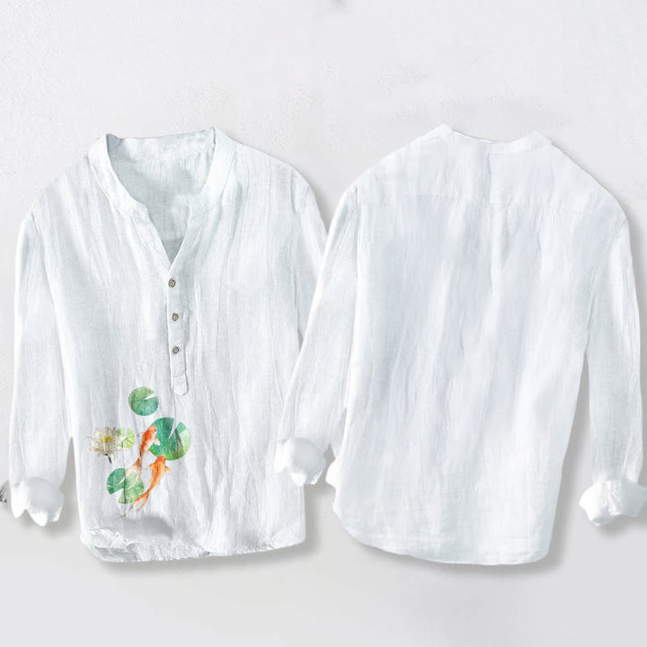 Camisa de manga larga de algodón y lino para hombre con estampado de hojas de loto, peces koi y Buddha Stones, con botones y medio cuello - image 2