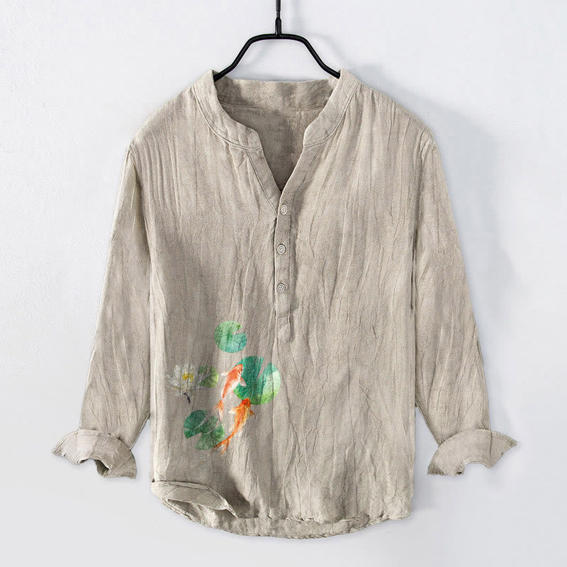 Camisa de manga larga de algodón y lino para hombre con estampado de hojas de loto, peces koi y Buddha Stones, con botones y medio cuello - Lino - US/UK/AU50, EU60 (5XL) - image 3