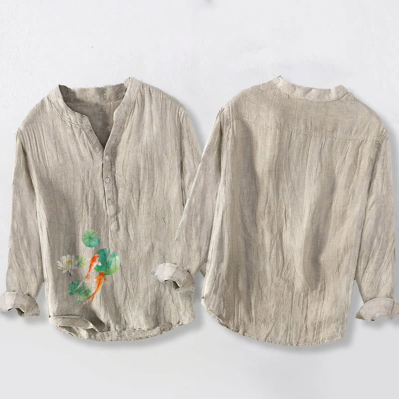Camisa de manga larga de algodón y lino para hombre con estampado de hojas de loto, peces koi y Buddha Stones, con botones y medio cuello - image 5