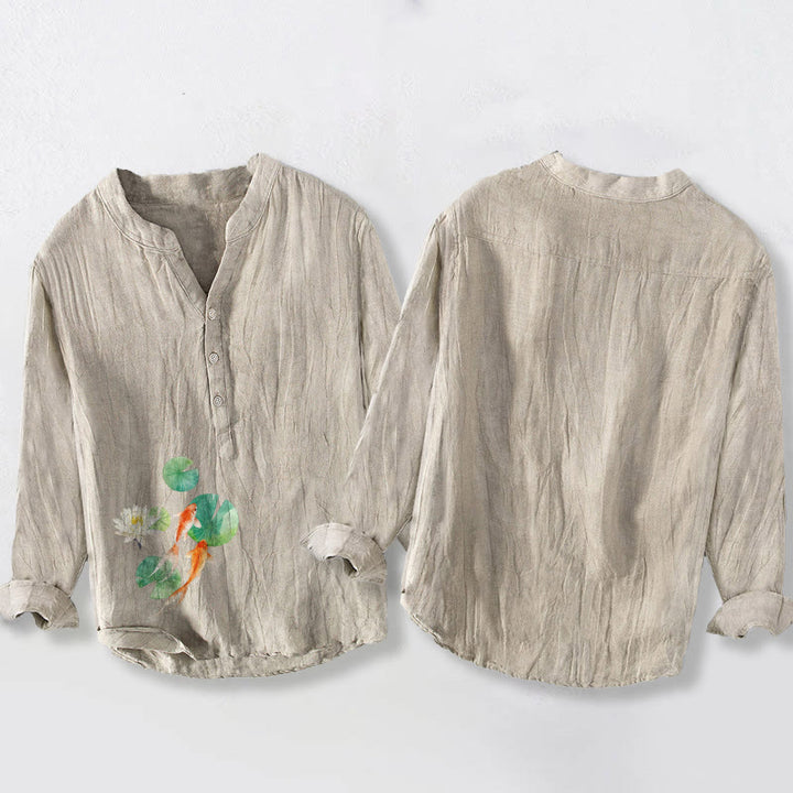 Camisa de manga larga de algodón y lino para hombre con estampado de hojas de loto, peces koi y Buddha Stones, con botones y medio cuello - image 5