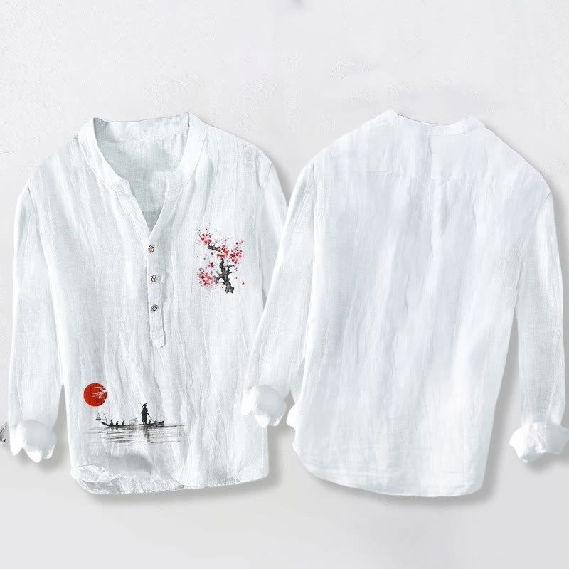 Camisa de manga larga de algodón y lino para hombre con estampado de pescador, medio botón y diseño de Buddha Stones - image 8