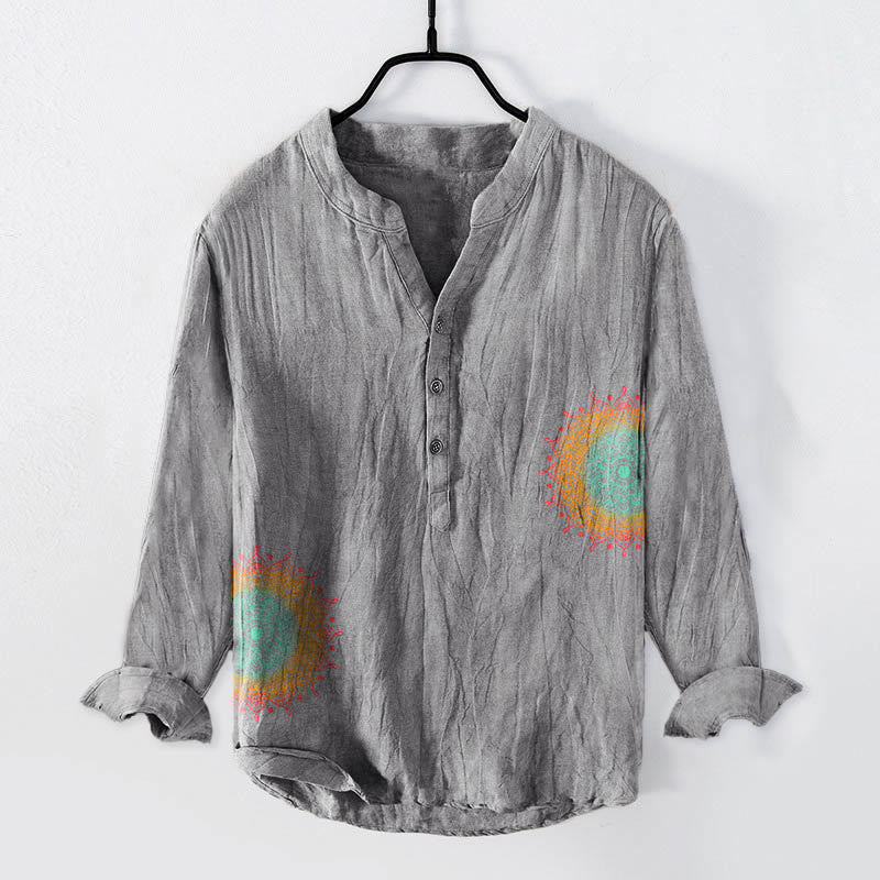 Camisa de manga larga de lino y algodón para hombre con estampado de mandala colorido y Buddha Stones , con botones a la mitad - Gris - US/UK/AU50, EU60 (5XL) - image 6