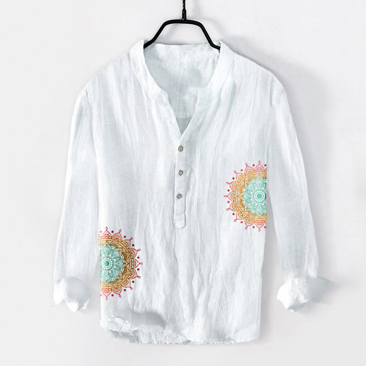 Camisa de manga larga de lino y algodón para hombre con estampado de mandala colorido y Buddha Stones , con botones a la mitad - Blanco - US/UK/AU50, EU60 (5XL) - image 0