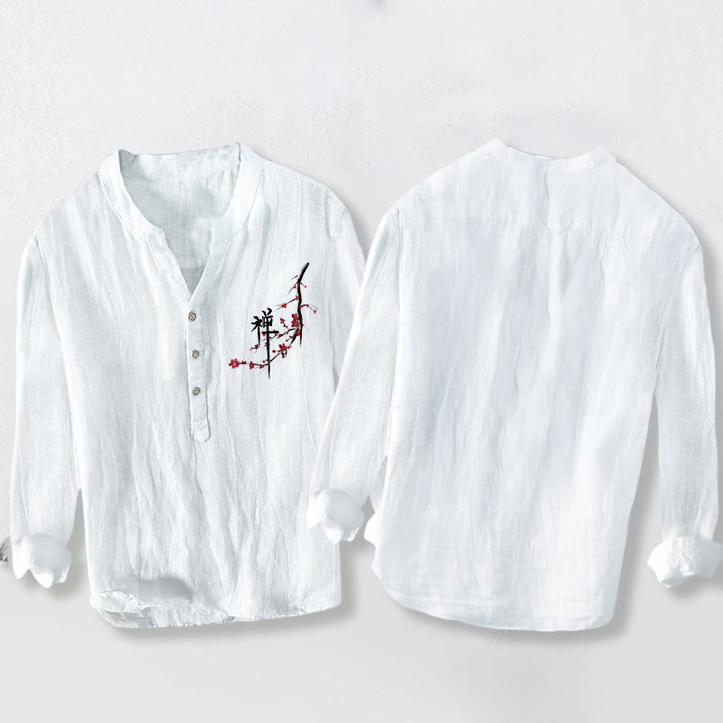 Camisa de manga larga de lino y algodón para hombre con estampado zen de flores de durazno rojas y Buddha Stones , con botones a la mitad - image 8