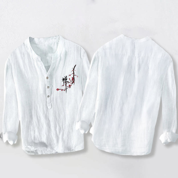 Camisa de manga larga de lino y algodón para hombre con estampado zen de flores de durazno rojas y Buddha Stones , con botones a la mitad - image 8