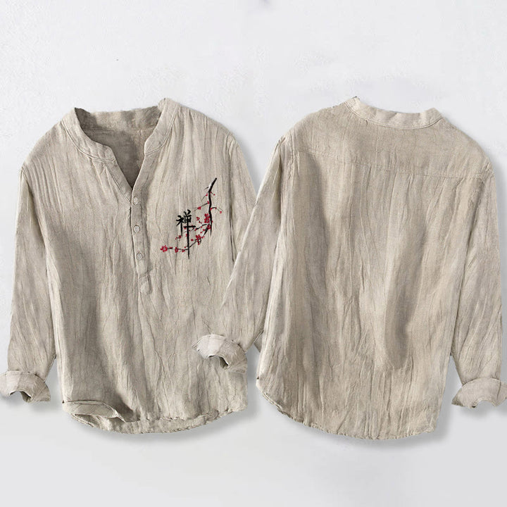 Camisa de manga larga de lino y algodón para hombre con estampado zen de flores de durazno rojas y Buddha Stones , con botones a la mitad - image 2