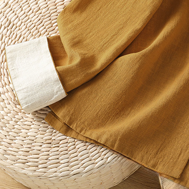 Camisa de lino de manga larga para mujer con diseño de contraste de colores y botones de rana chinos con Buddha Stones - image 6