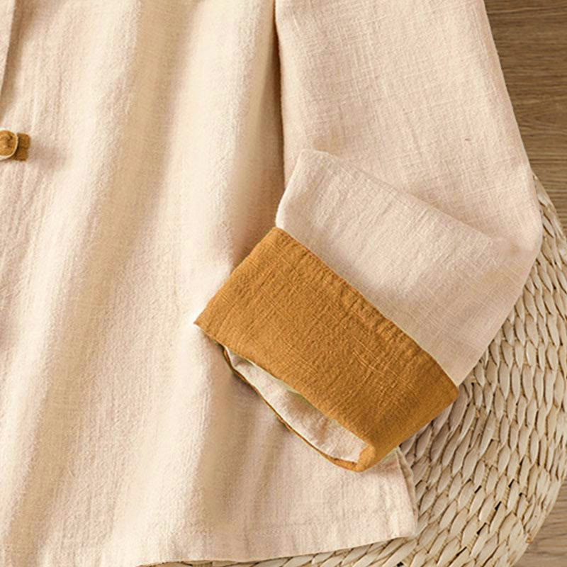 Camisa de lino de manga larga para mujer con diseño de contraste de colores y botones de rana chinos con Buddha Stones - image 10