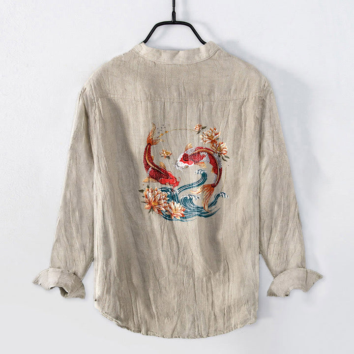 Camisa de manga larga de algodón y lino para hombre con estampado de ondas de loto , Buddha Stones, con botones y medio cuello. - image 5