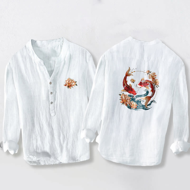 Camisa de manga larga de algodón y lino para hombre con estampado de ondas de loto , Buddha Stones, con botones y medio cuello. - Blanco - US/UK/AU50, EU60 (5XL) - image 0