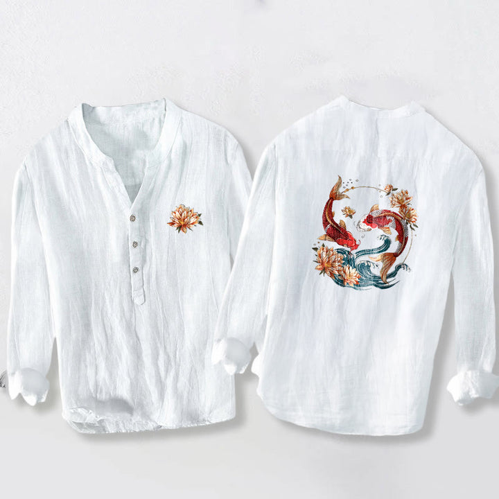Camisa de manga larga de algodón y lino para hombre con estampado de ondas de loto , Buddha Stones, con botones y medio cuello. - Blanco - US/UK/AU50, EU60 (5XL) - image 0