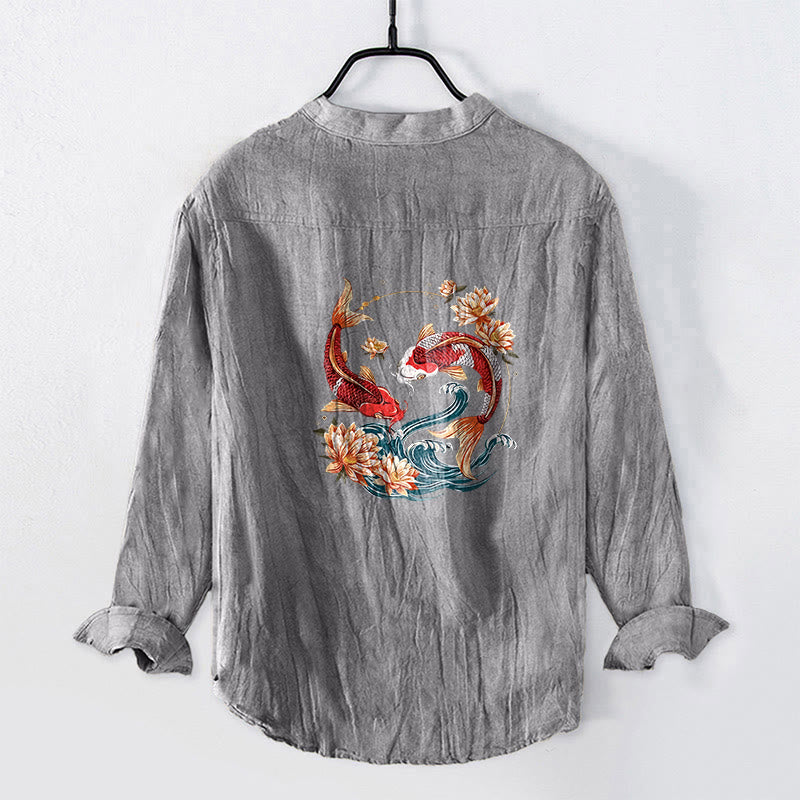 Camisa de manga larga de algodón y lino para hombre con estampado de ondas de loto , Buddha Stones, con botones y medio cuello. - image 8