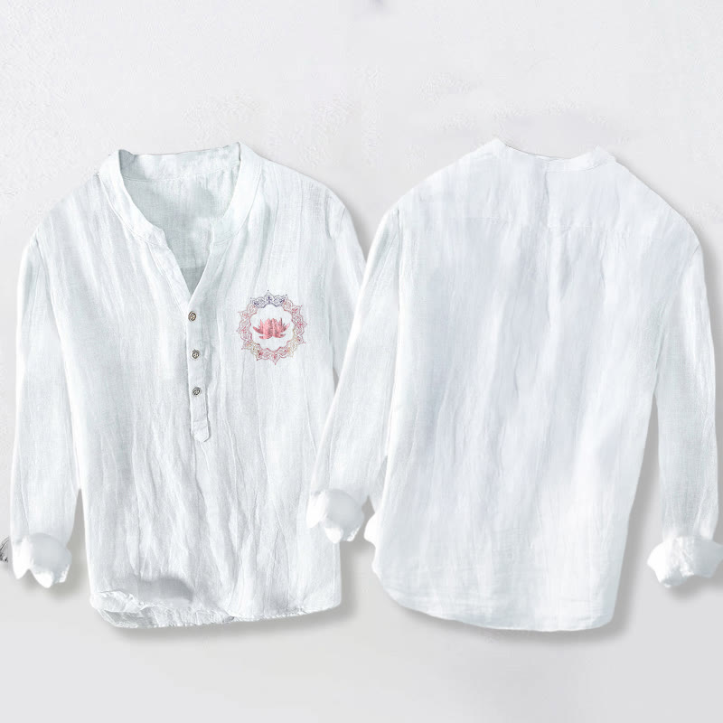Camisa de manga larga para hombre, de algodón y lino, con medio botón, estampado de mandala de loto y Buddha Stones. - image 2
