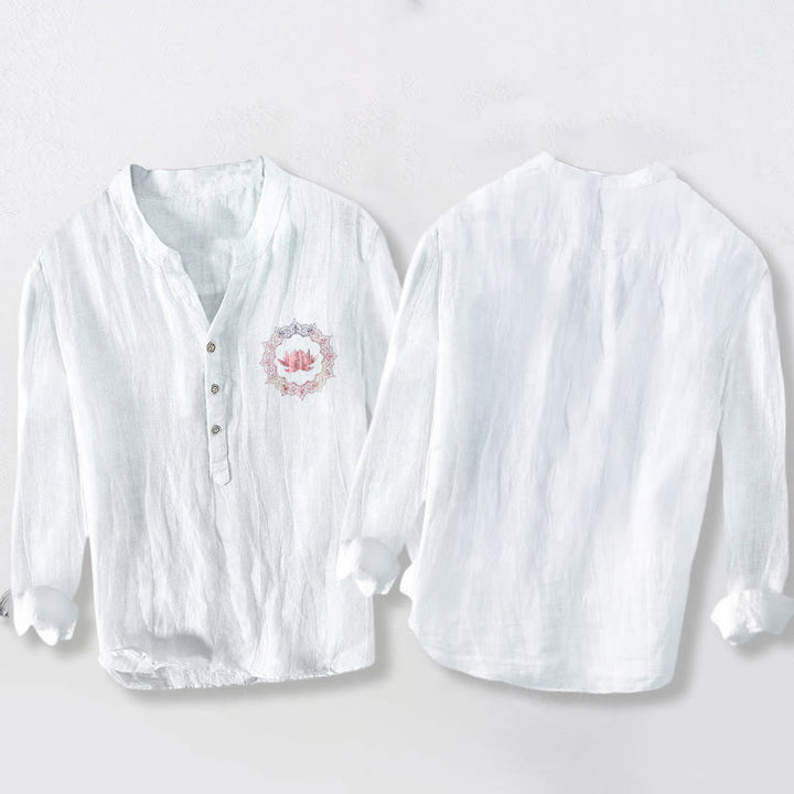 Camisa de manga larga para hombre, de algodón y lino, con medio botón, estampado de mandala de loto y Buddha Stones. - image 2