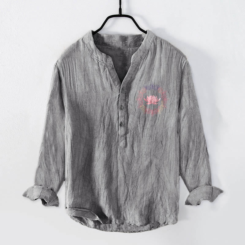 Camisa de manga larga para hombre, de algodón y lino, con medio botón, estampado de mandala de loto y Buddha Stones. - Gris - US/UK/AU50, EU60 (5XL) - image 6