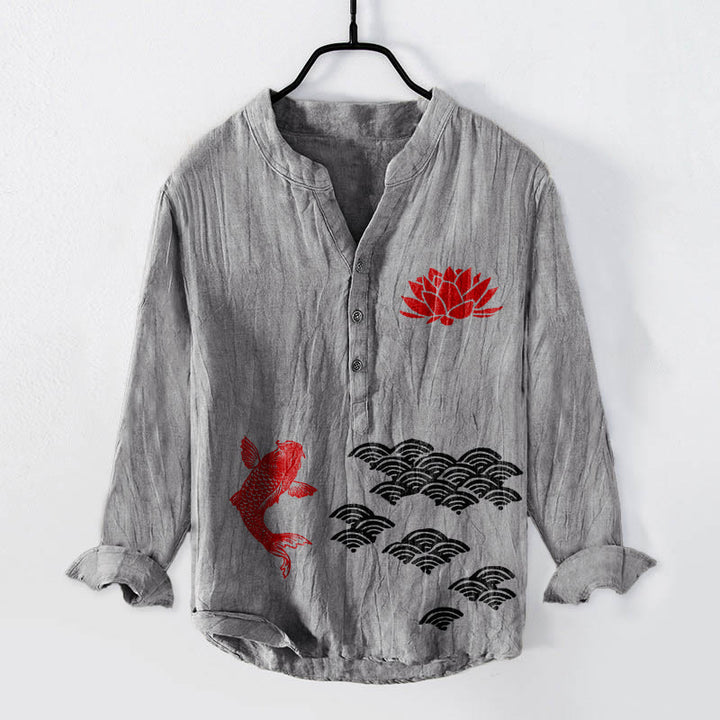 Camisa de manga larga de algodón y lino para hombre con diseño de Buddha Stones, peces koi, loto y nubes auspiciosas, con botones a media pierna. - Gris - US/UK/AU50, EU60 (5XL) - image 0