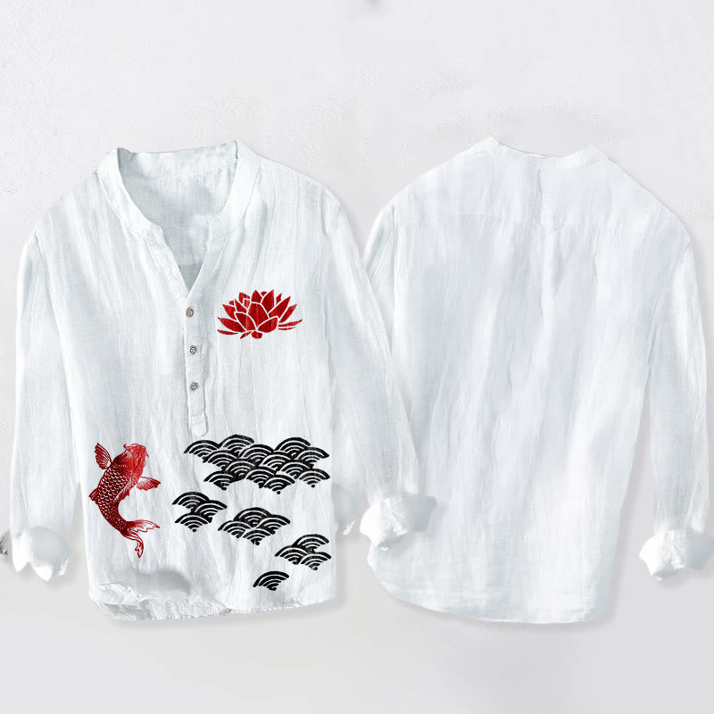 Camisa de manga larga de algodón y lino para hombre con diseño de Buddha Stones, peces koi, loto y nubes auspiciosas, con botones a media pierna. - image 5