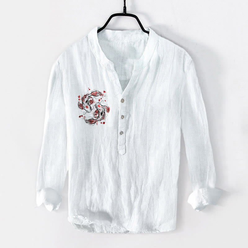 Camisa de manga larga de lino y algodón para hombre con diseño de pez Buddha Stones y yin yang y medio botón. - Blanco - US/UK/AU50, EU60 (5XL) - image 6