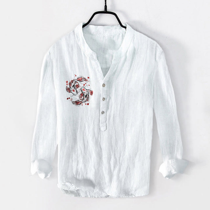 Camisa de manga larga de lino y algodón para hombre con diseño de pez Buddha Stones y yin yang y medio botón. - Blanco - US/UK/AU50, EU60 (5XL) - image 6