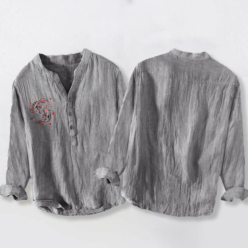 Camisa de manga larga de lino y algodón para hombre con diseño de pez Buddha Stones y yin yang y medio botón. - image 5