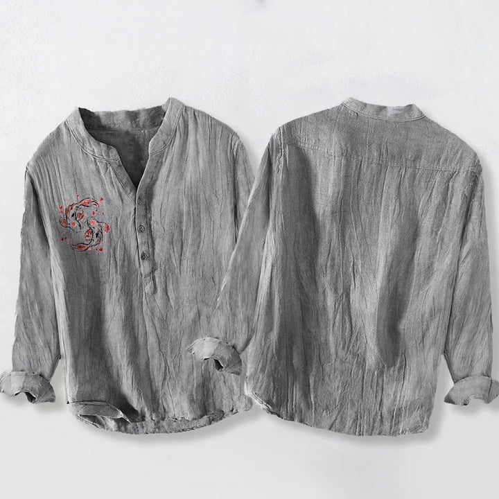 Camisa de manga larga de lino y algodón para hombre con diseño de pez Buddha Stones y yin yang y medio botón. - image 5
