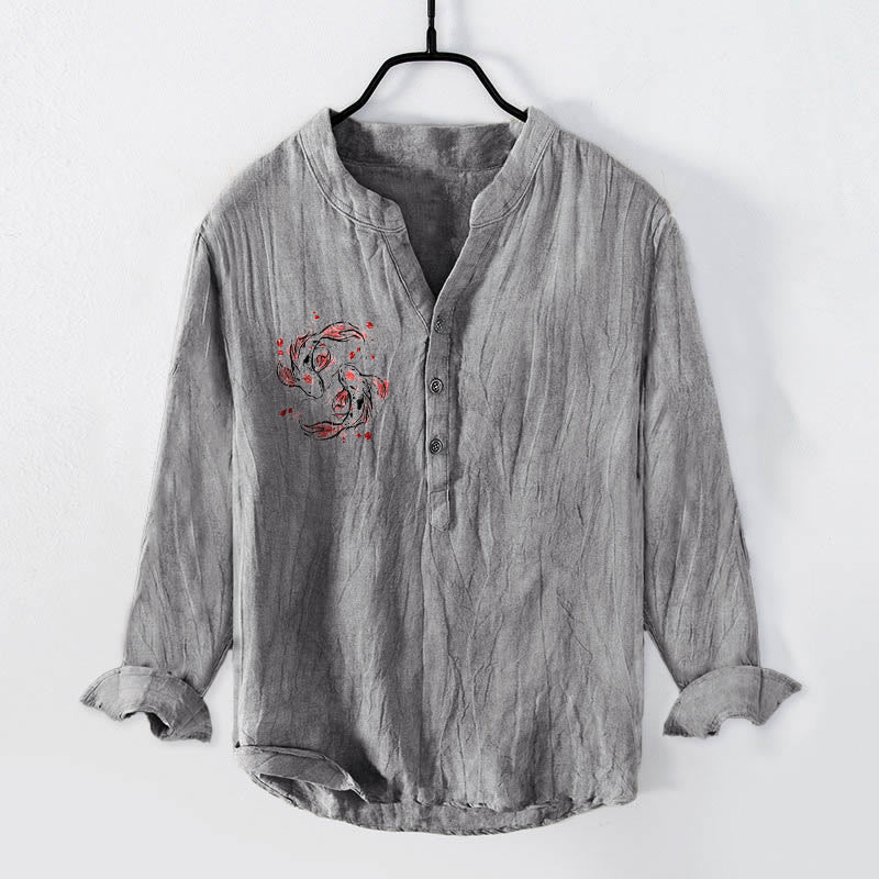 Camisa de manga larga de lino y algodón para hombre con diseño de pez Buddha Stones y yin yang y medio botón. - Gris - US/UK/AU50, EU60 (5XL) - image 3