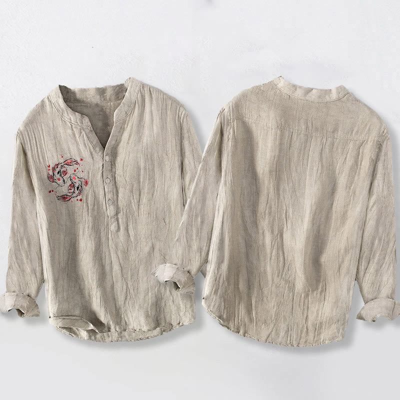 Camisa de manga larga de lino y algodón para hombre con diseño de pez Buddha Stones y yin yang y medio botón. - image 2