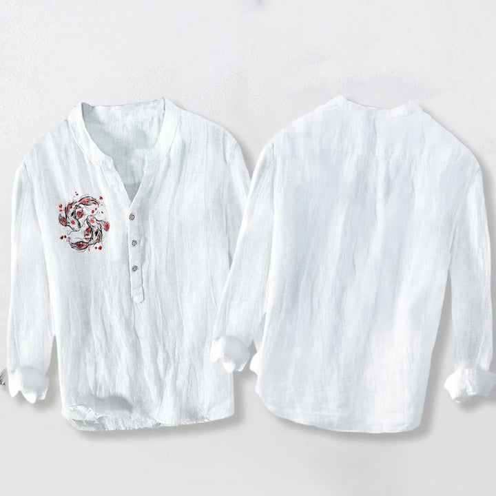 Camisa de manga larga de lino y algodón para hombre con diseño de pez Buddha Stones y yin yang y medio botón. - image 8