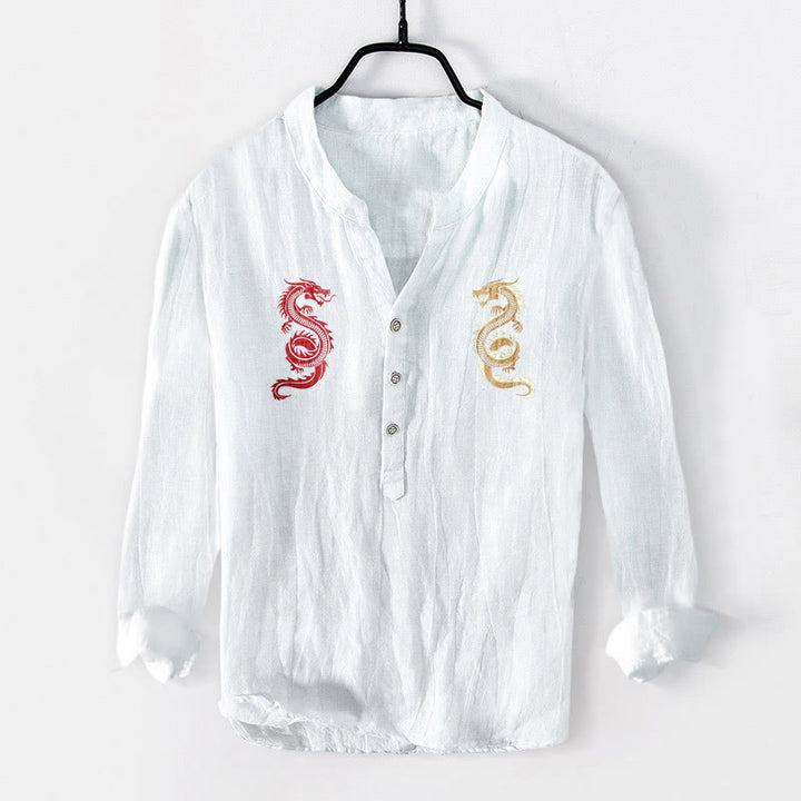 Camisa de manga larga de lino y algodón para hombre con estampado de dragón y Buddha Stones, con botones y medio cuello - Blanco - US/UK/AU50, EU60 (5XL) - image 3