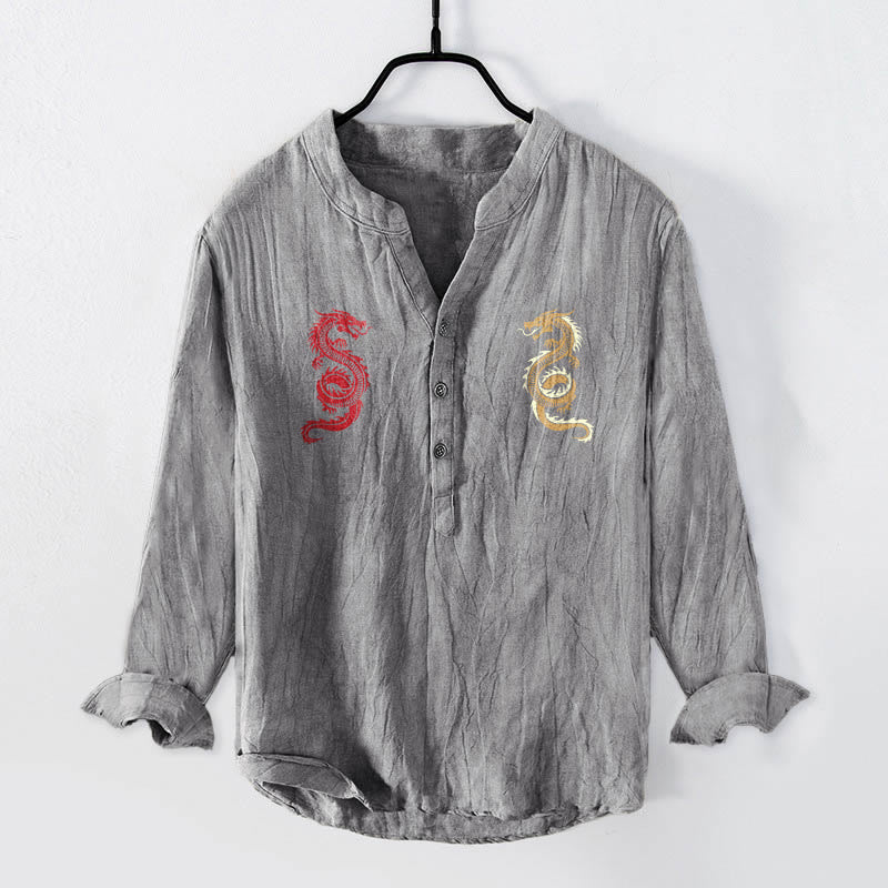 Camisa de manga larga de lino y algodón para hombre con estampado de dragón y Buddha Stones, con botones y medio cuello - Gris - US/UK/AU50, EU60 (5XL) - image 0