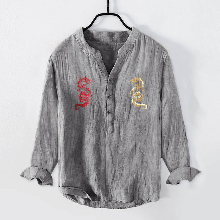 Camisa de manga larga de lino y algodón para hombre con estampado de dragón y Buddha Stones, con botones y medio cuello - Gris - US/UK/AU50, EU60 (5XL) - image 0